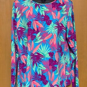 Lands End Womens Floral Tropical Long Sleeve Swim Sun Rashguard Shirt Sz LARGE